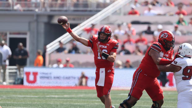 Utah Utes quarterback Bryson Barnes (16) throws the ball in the third quarter against the Southern Utah Thunderbirds at Rice-Eccles Stadium.